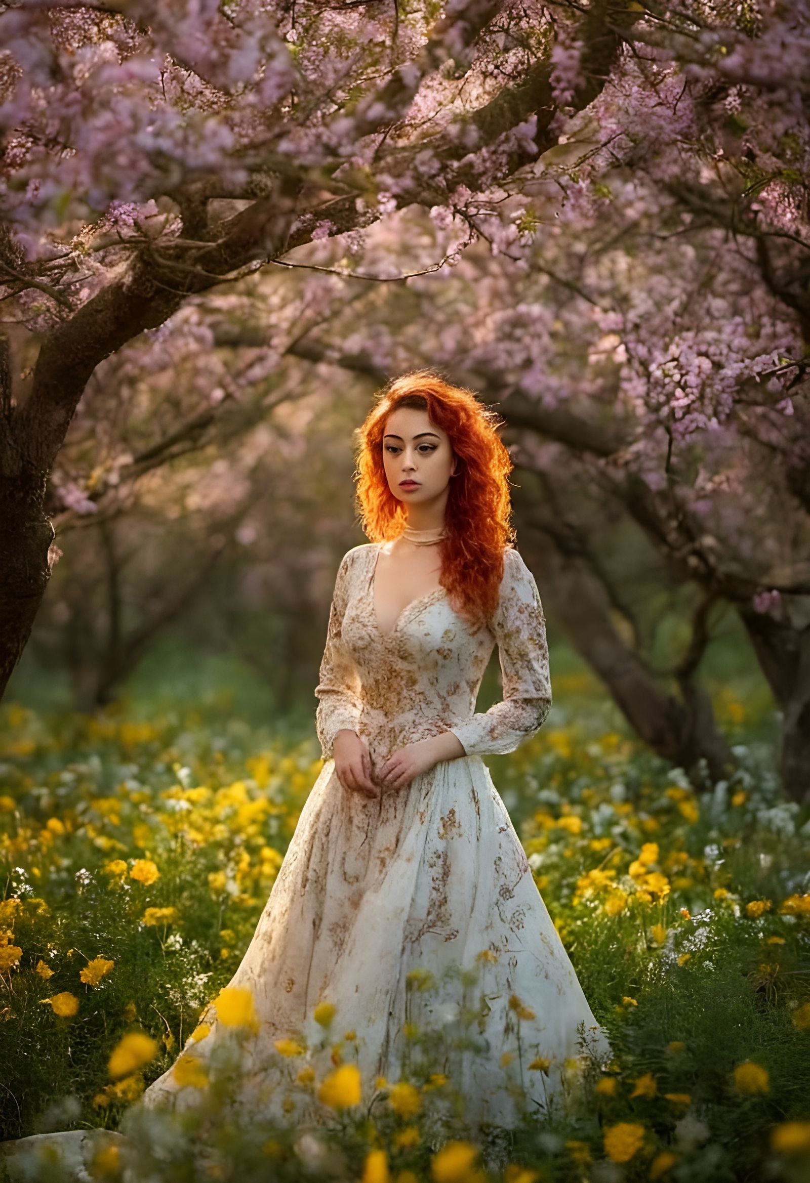 Fantasy Medieval Dress Amidst Blooming Flowers