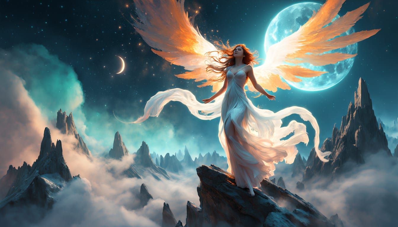 Celestial Goddess Ascends in Vibrant Oil Painting