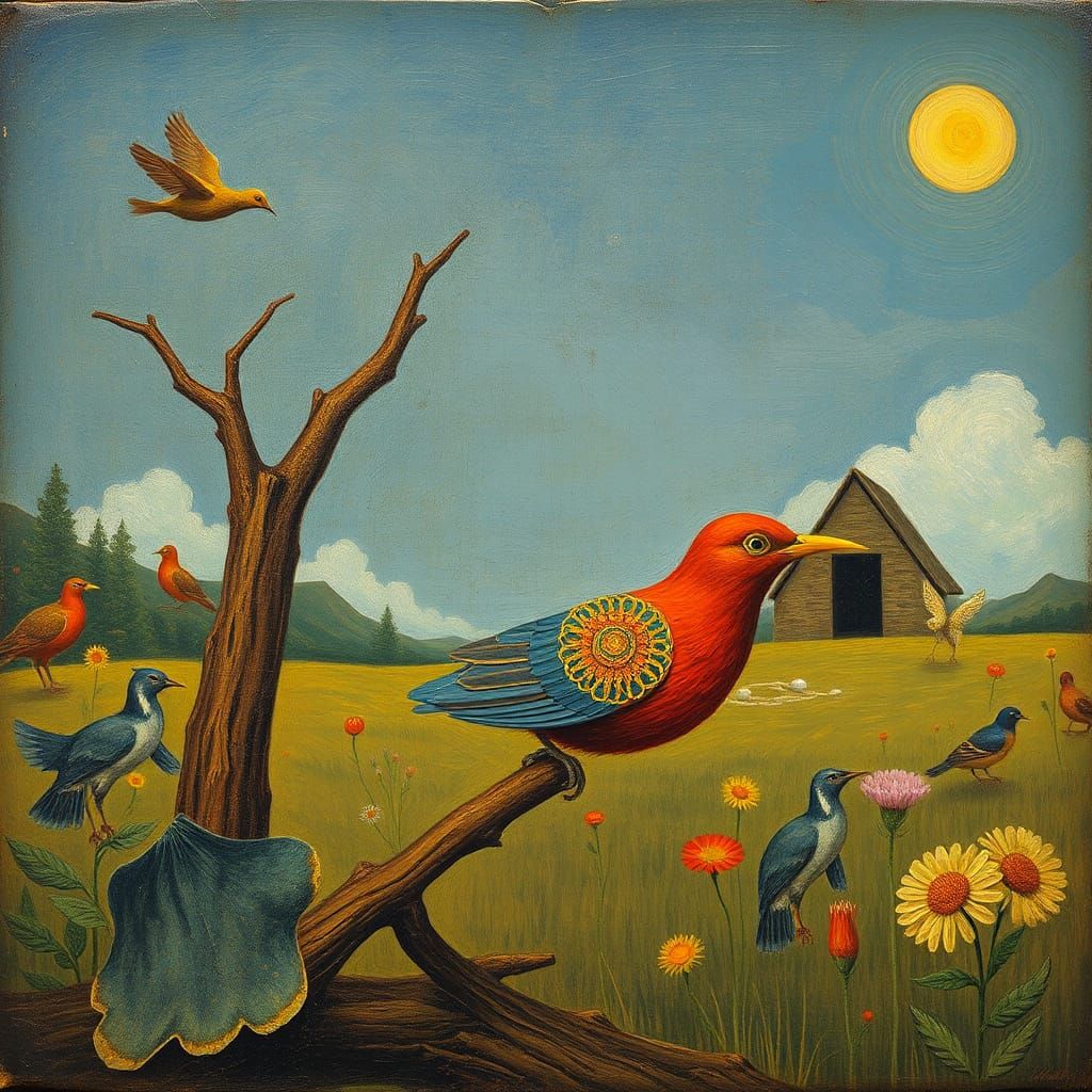 Surreal Bird in Garden: Evoking Artistic Masters