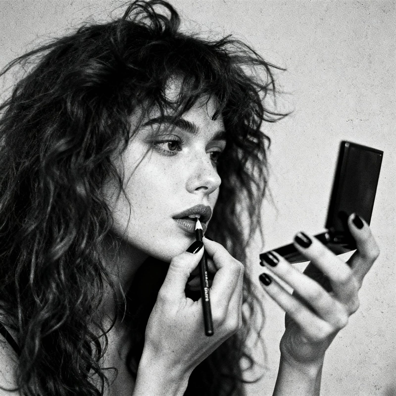 Close Up Of Woman Applying Lip Liner in Grungy Style