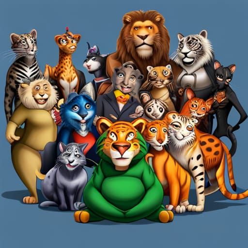 Awkward Class Photo of Big 7 Cats, Pixar Style