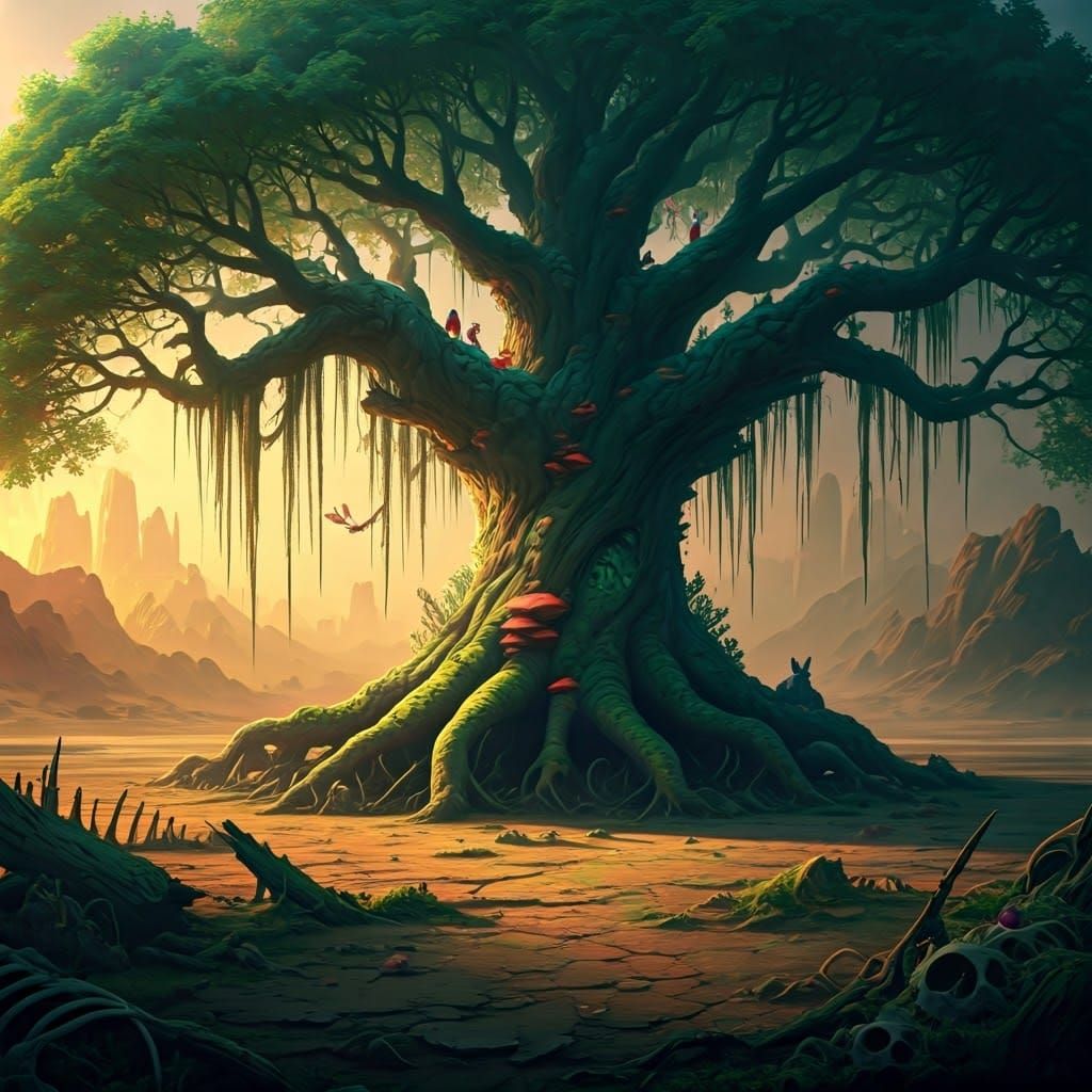 Resilient Oak Tree in Mystical Wasteland Oasis