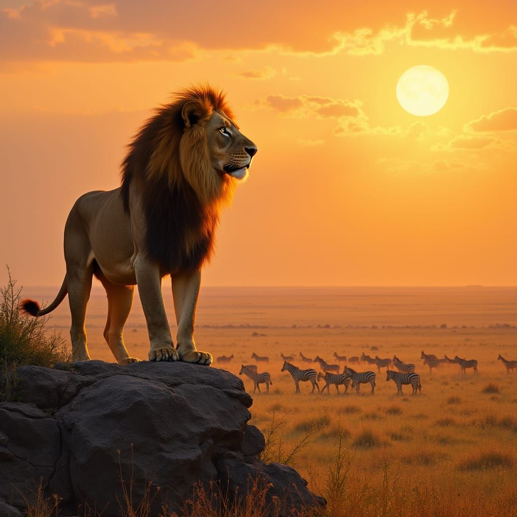 Lion Overlooking Savanna in Wildlife Art Style
