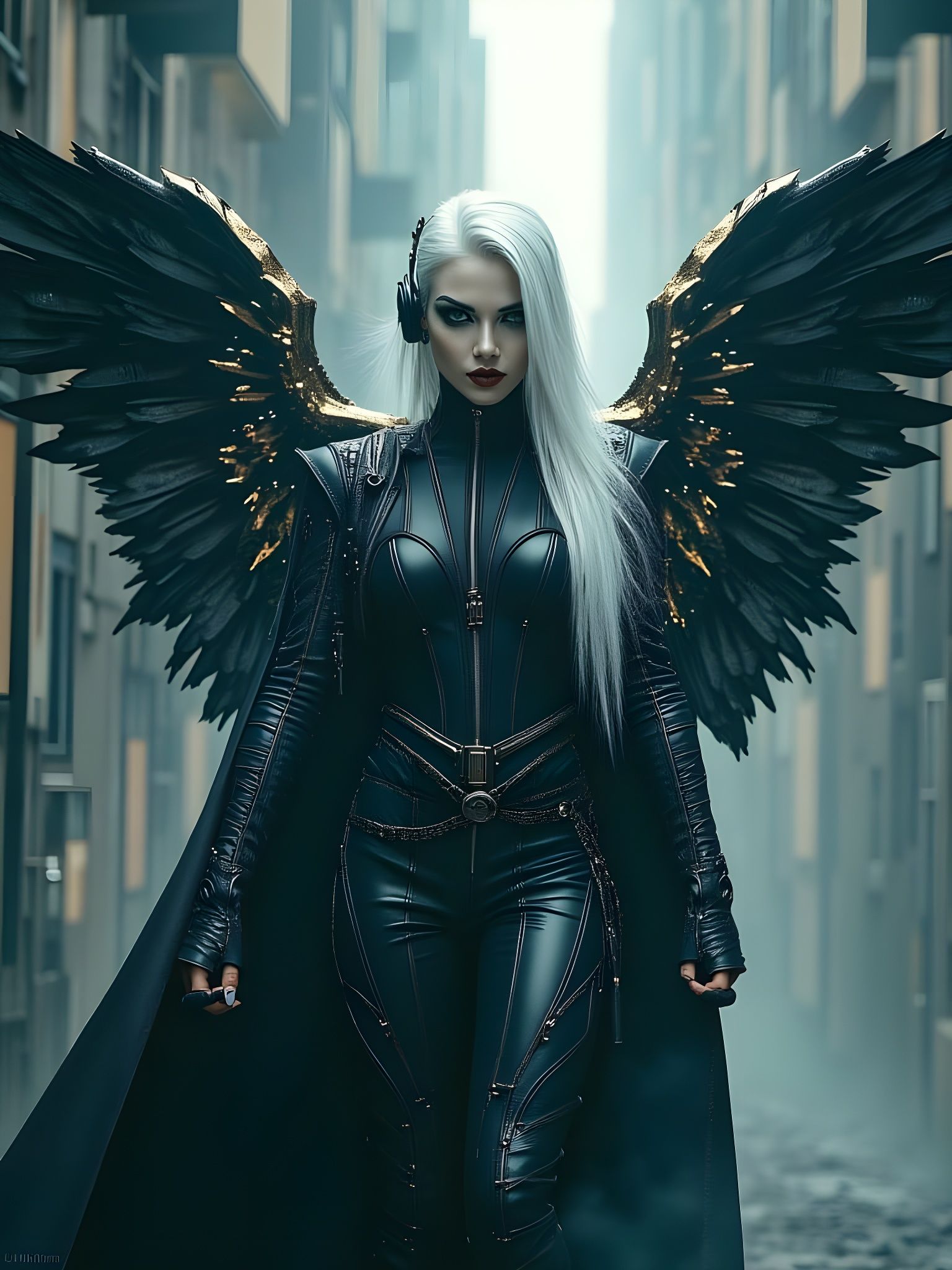 Cyberpunk Angel Mid-Air: Photorealistic Sci-Fi Heroine