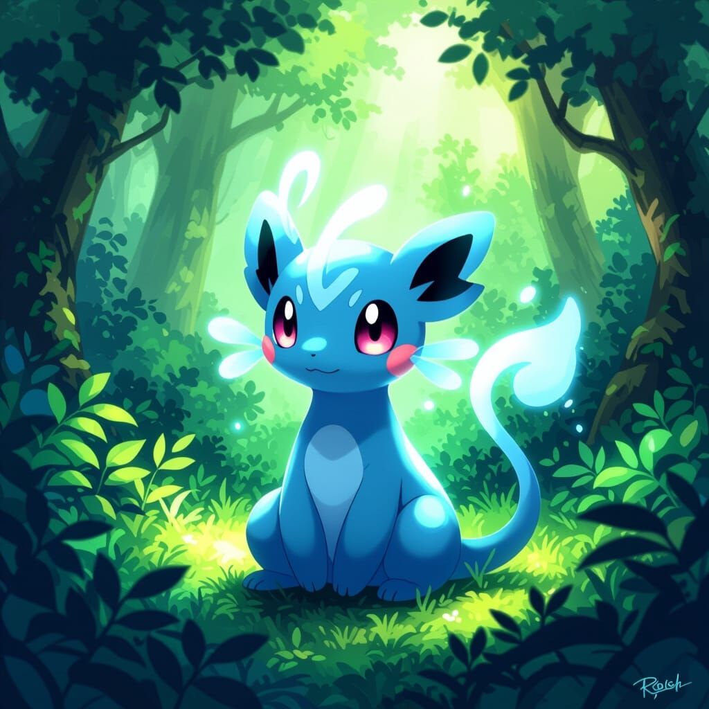 Mythical Pokémon Mew in Lush Forest, Loish Style