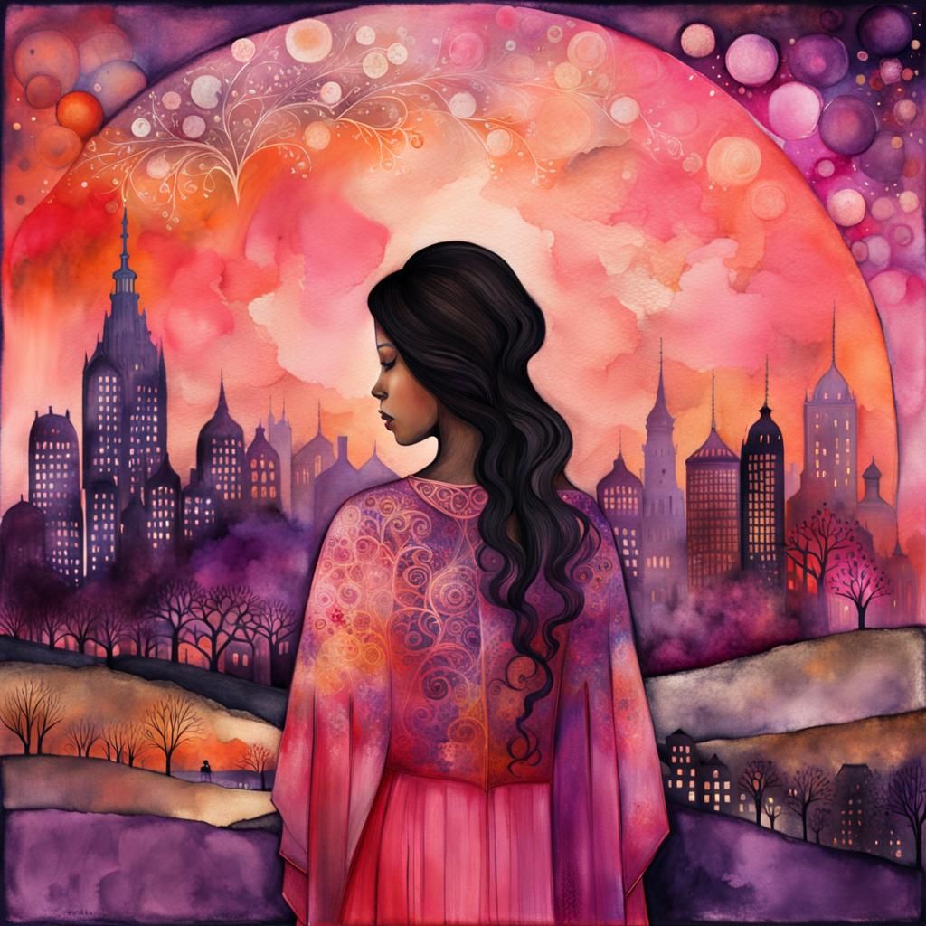 Woman Merging with Landscape: Digital Watercolor Illustratio...