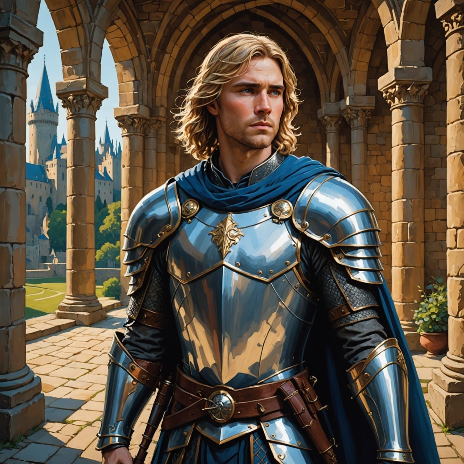 Luminous Paladin in Castle, Pre-Raphaelite Style