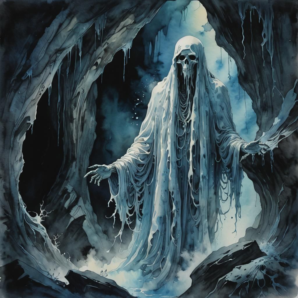 Ethereal Ghost Emerges in Gothic Watercolor Art