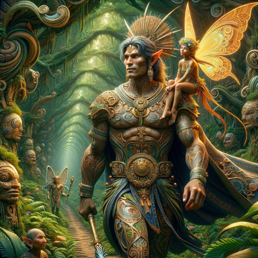 Elegant Elf Strolling Through Jungle with Fairy