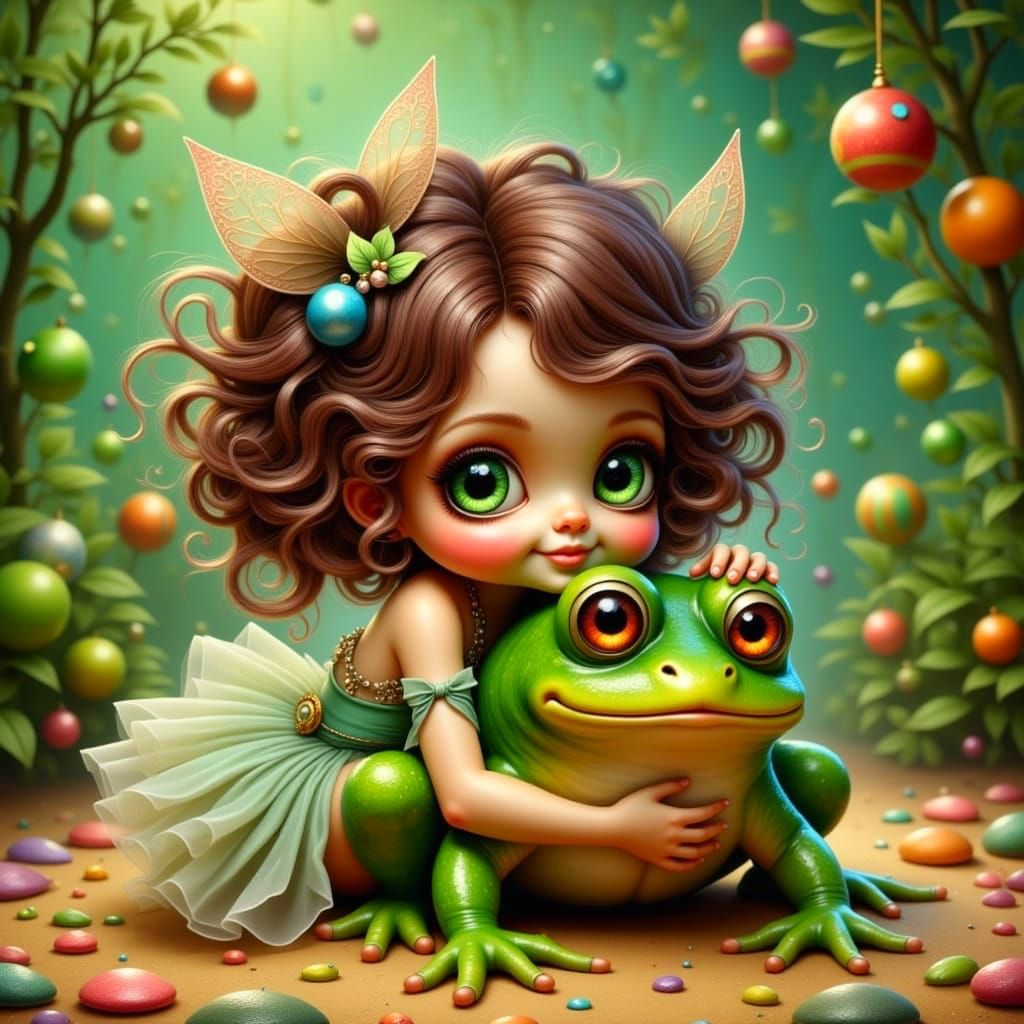 Whimsical Child Hugs Big Green Toad in Tiny Tutu
