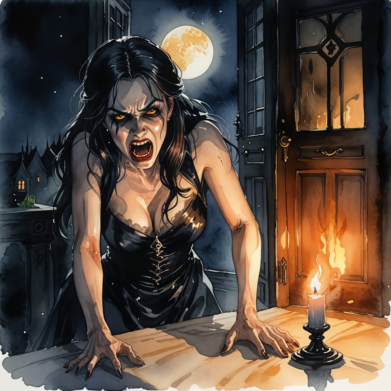 Gothic Watercolor: Woman Ready to Attack