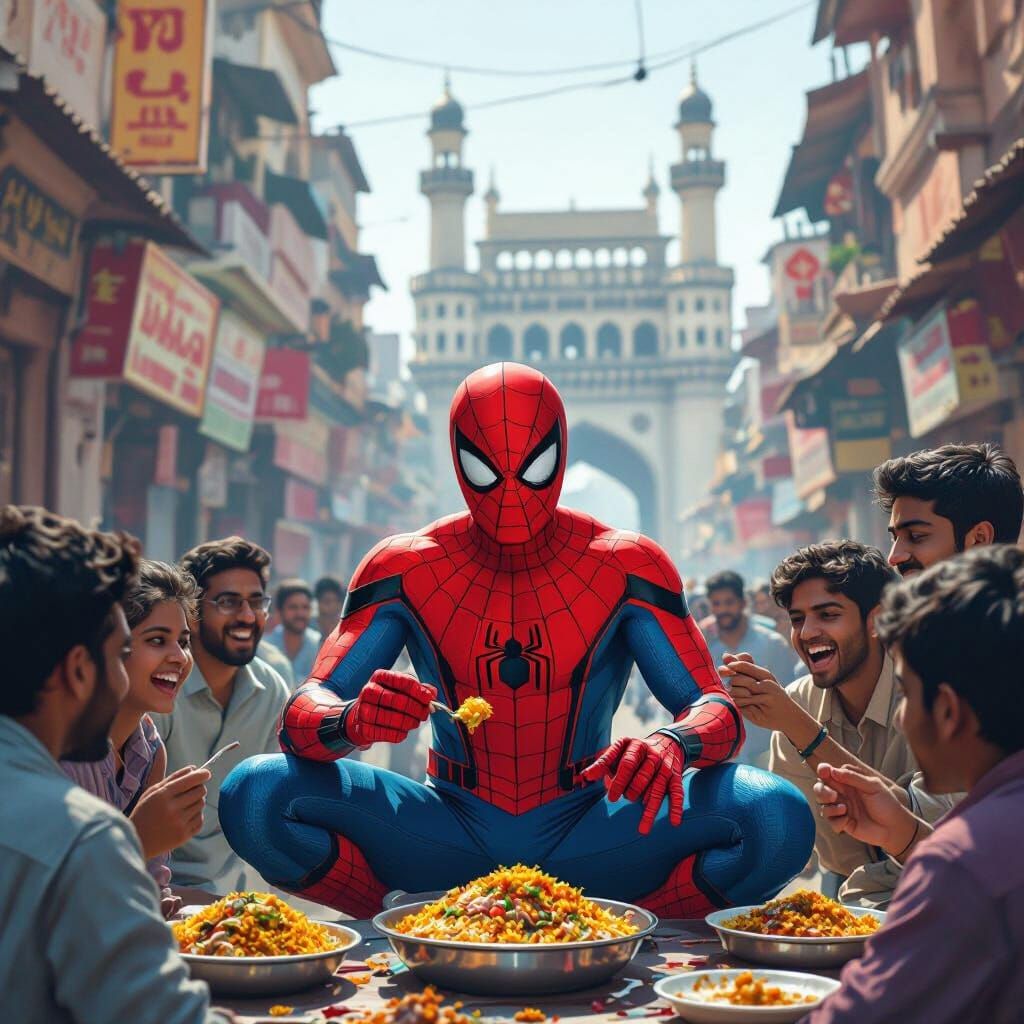 Spiderman Enjoys Biryani near Charminar: Illustration