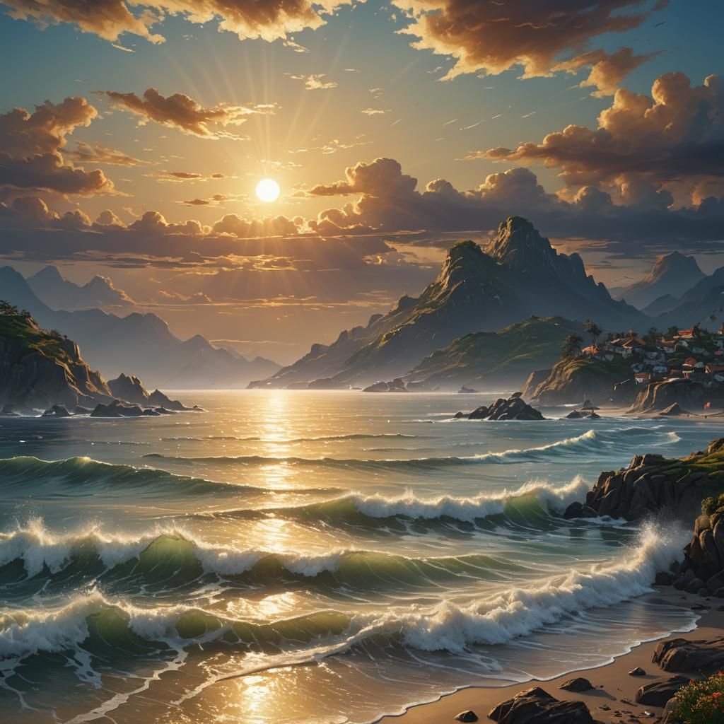 Sunrise Over Bay: Detailed Matte Painting