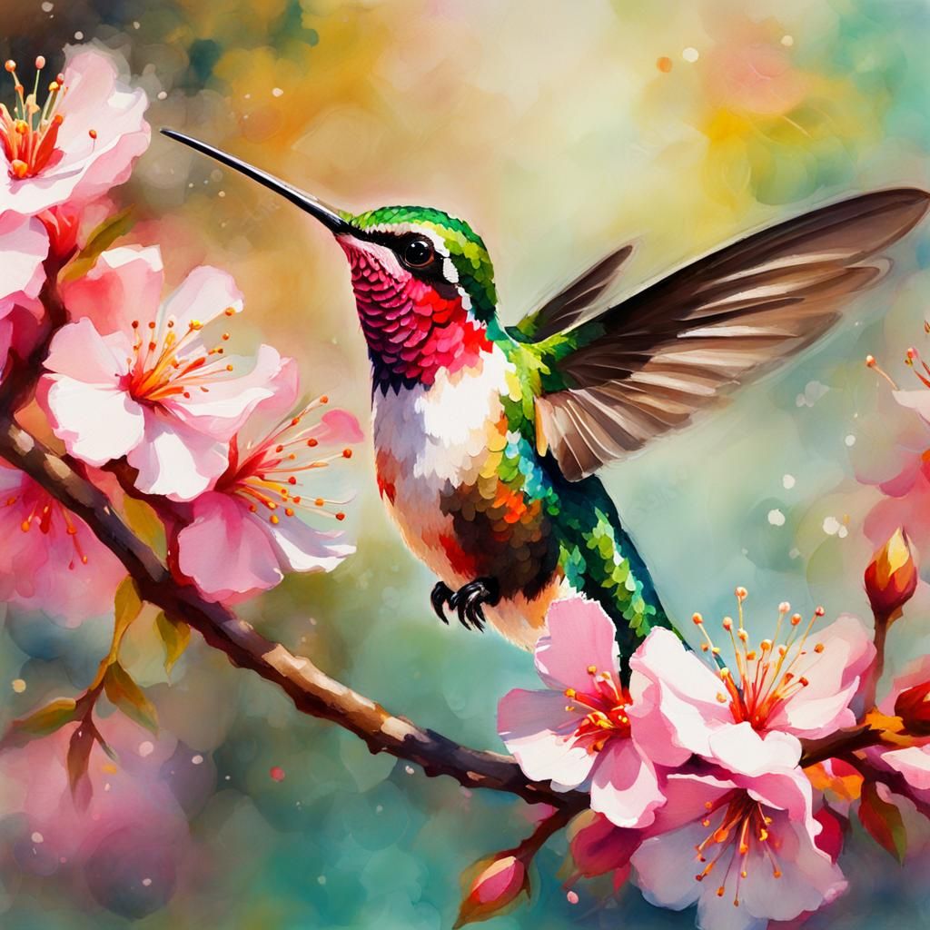 Hummingbird and Sakura Blossoms as Gouache Watercolor