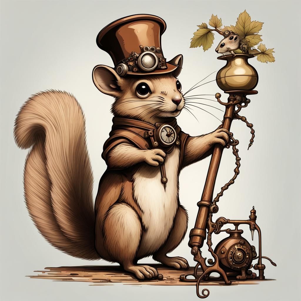 Steampunk Flying Squirrel Mechanic on Broom