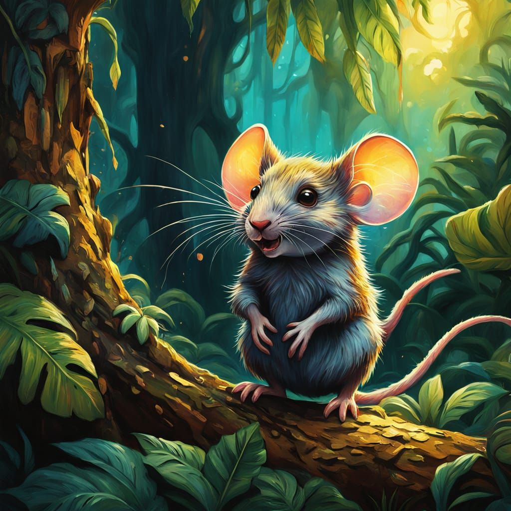 Shy Mouse Hiding in Alien Jungle, Cartoon Splash Art