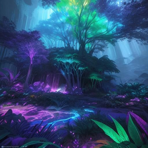 Crystal Cave in Jungle with Rainbow Laser: Dystopian Concept...