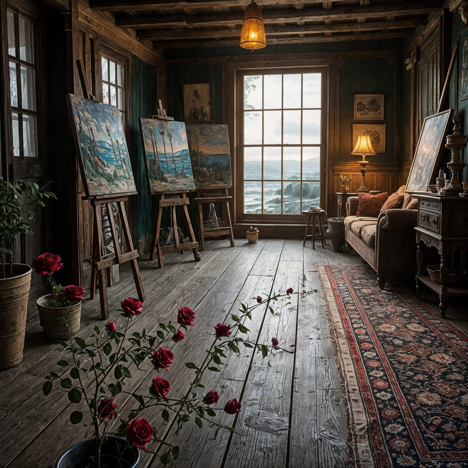 Serene Edwardian Art Studio by the Sea in Vibrant Colors