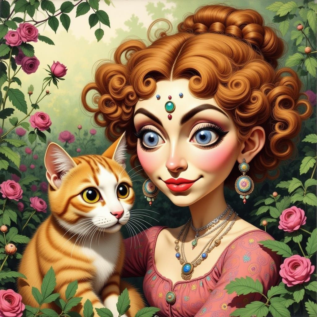 Whimsical Portrait of Woman and Twin-Like Cat