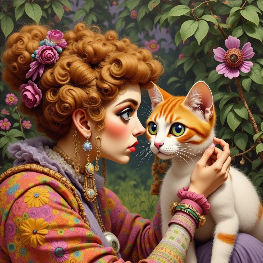 Whimsical Portrait of Woman and Cat Mirroring Features