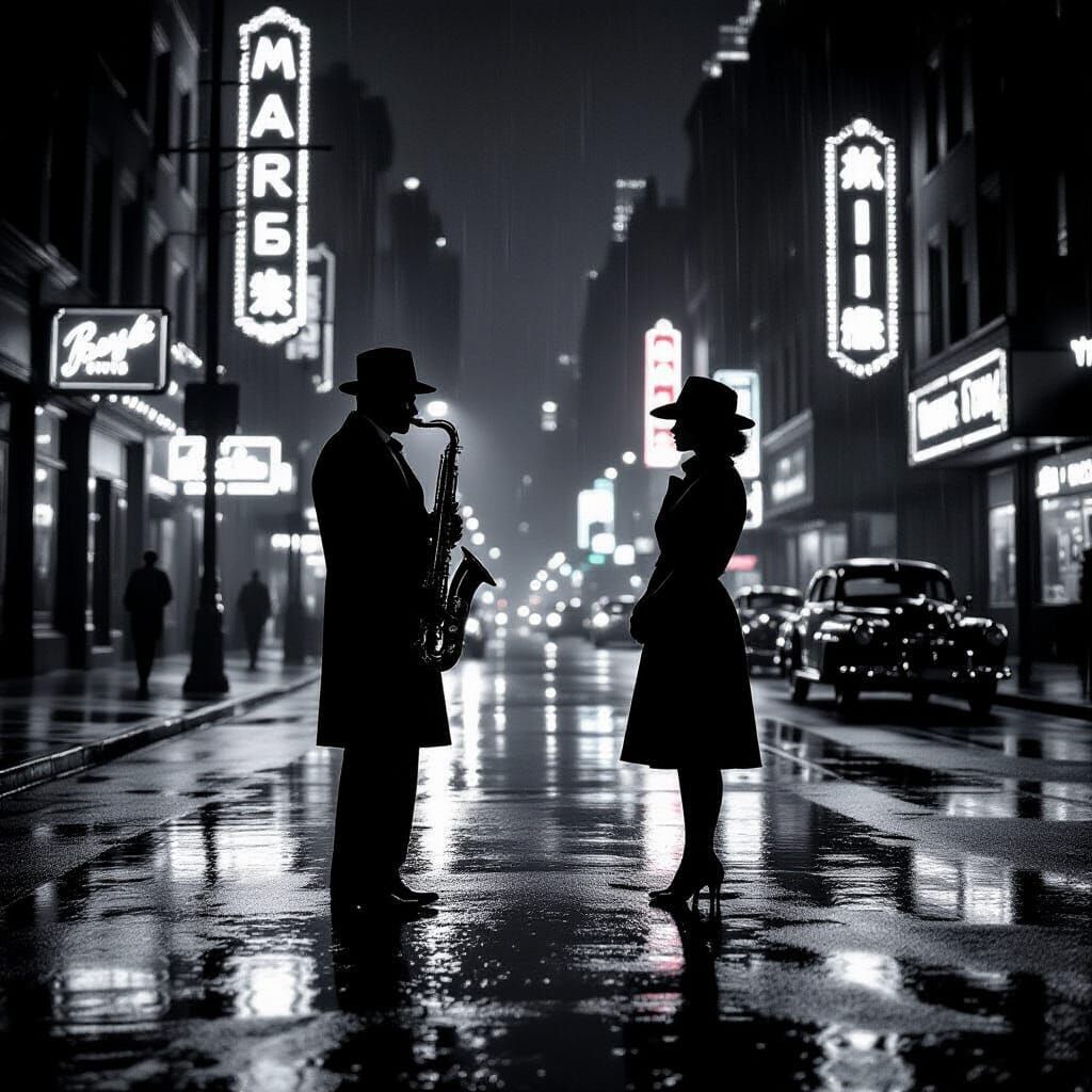 Jazz Singer Silhouetted on Wet 1940s Metropolis Street