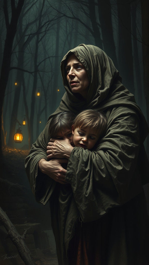 Desperate Mother and Children at Dark Forest Edge