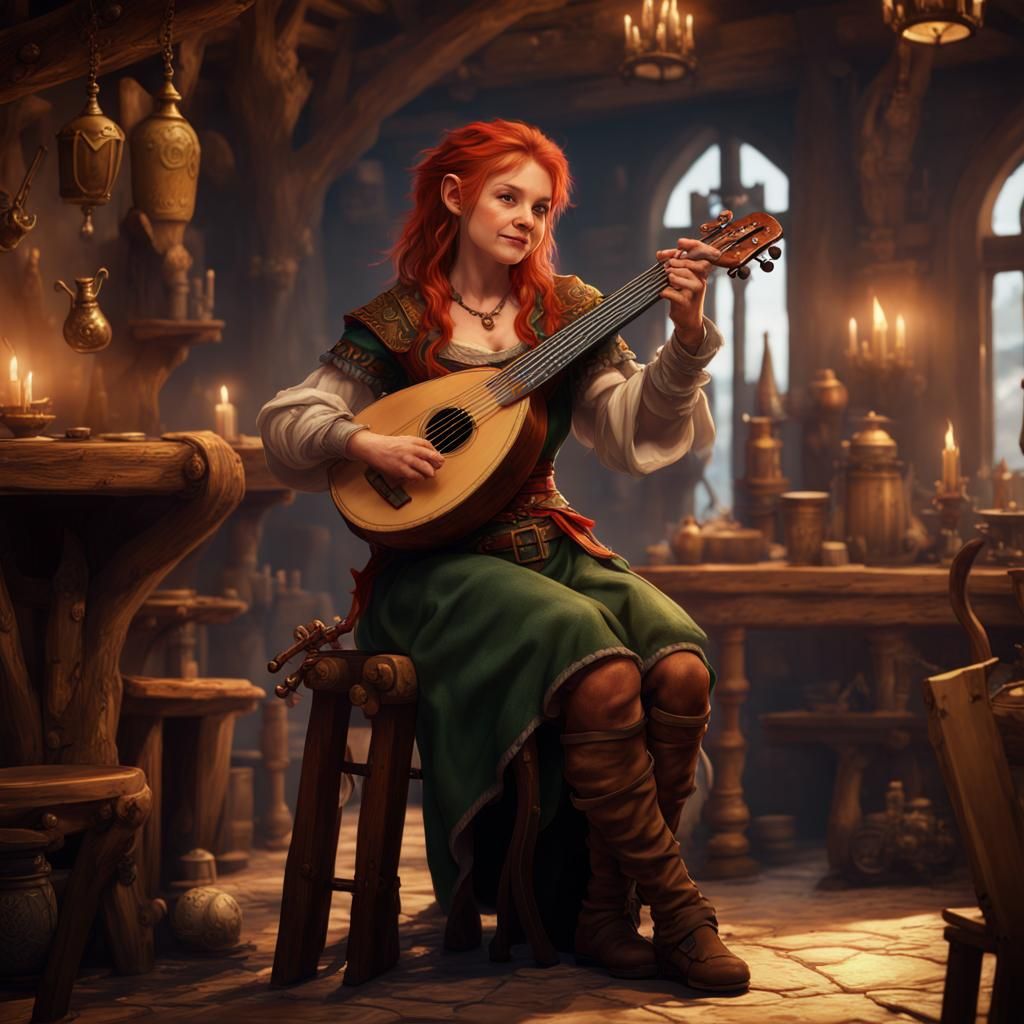 Halfling Bard Strums Lyre in Tavern: Fantasy Art