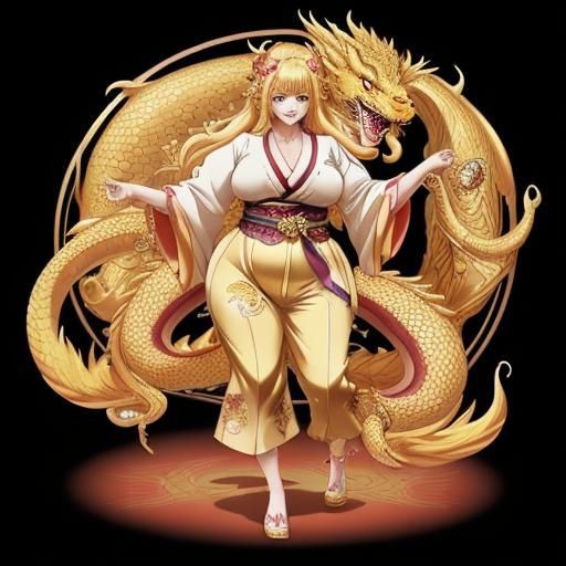 Dancing Golden Dragon Yokai in Anime Style