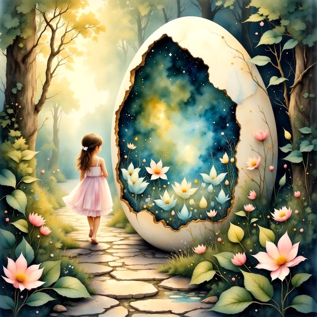 Enchanted Garden Oasis with Cracked Egg and Whimsical Landsc...