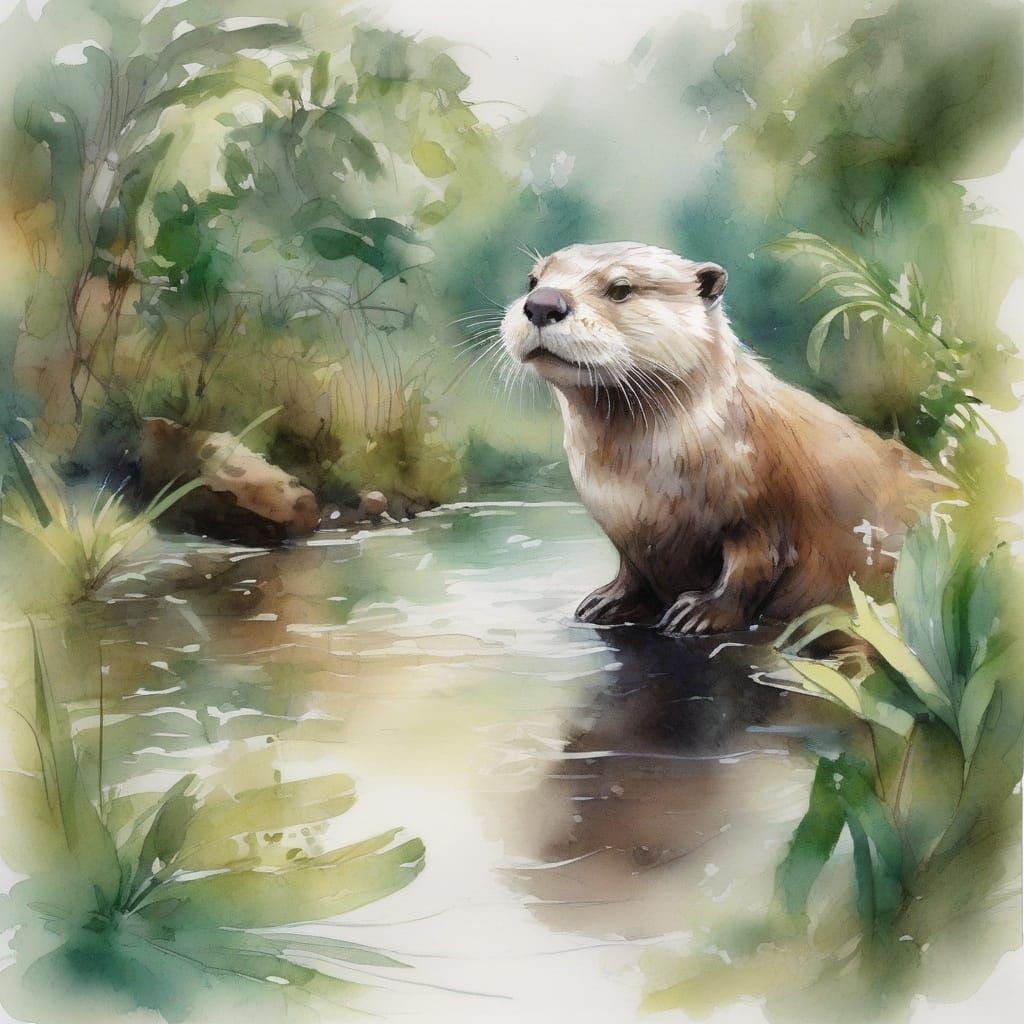 Detailed Otter Illustration in Forest Stream Artwork