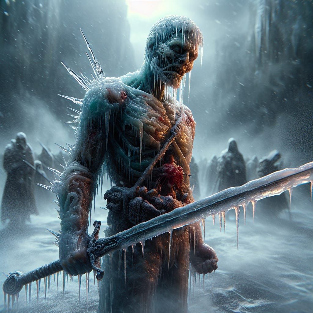 Icy Warrior with Sword in Romanticism Style