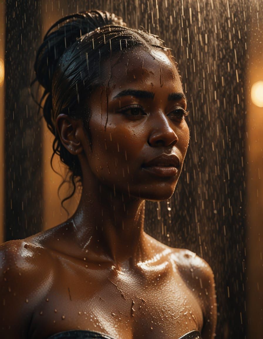 Woman Showering: Cinematic Oil Painting in Golden Light