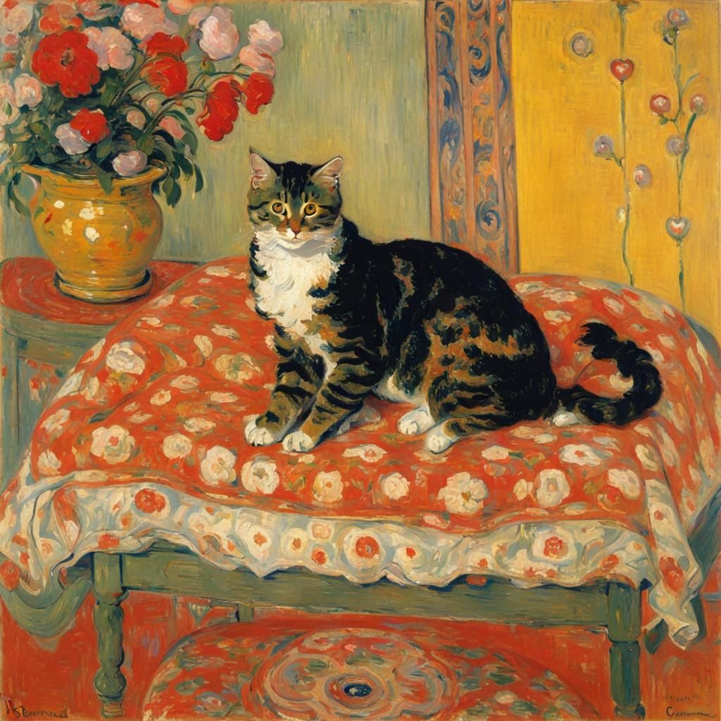 Cat Surrounded by Flowers in Impressionist Style