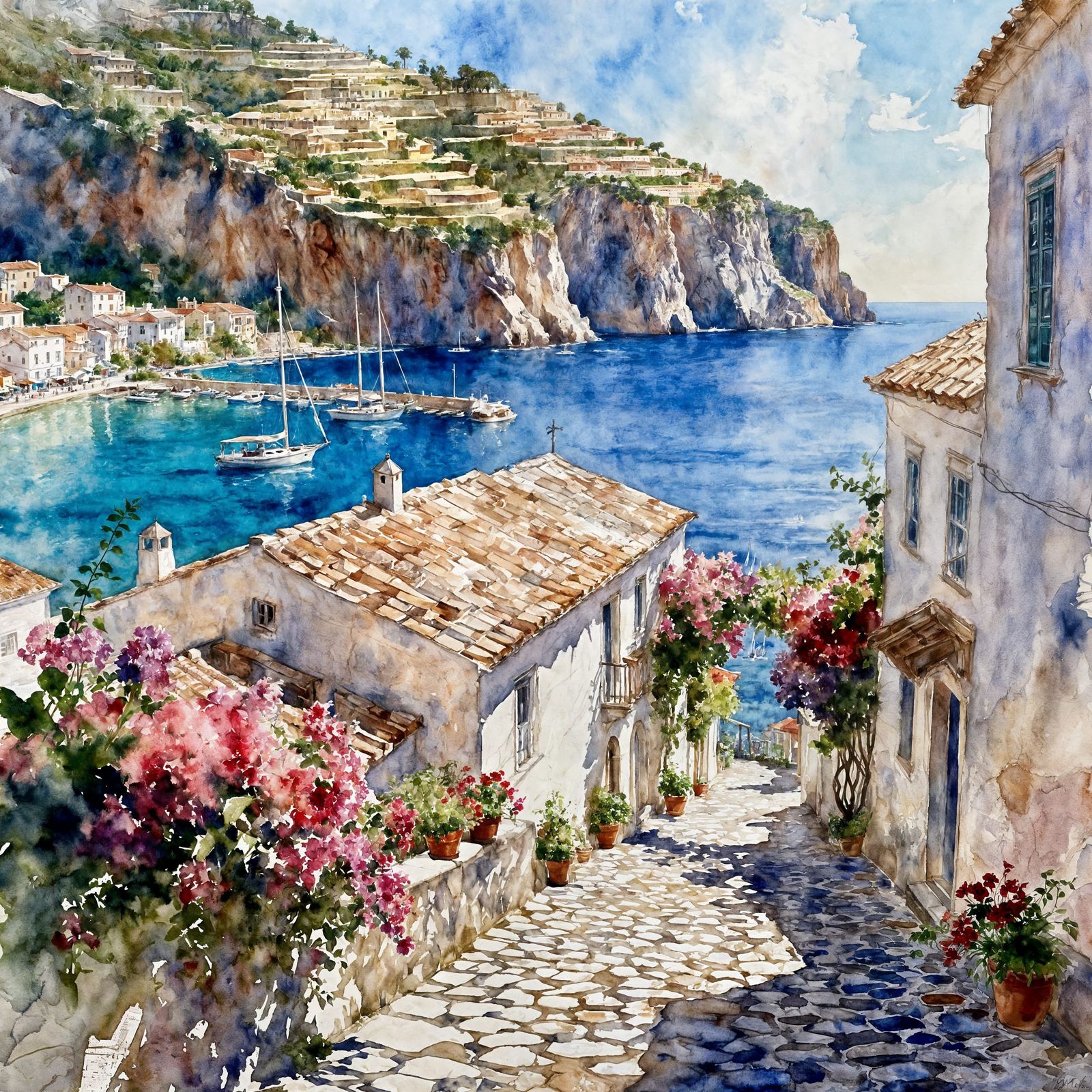 Sunlit Mediterranean Town Watercolor Masterpiece