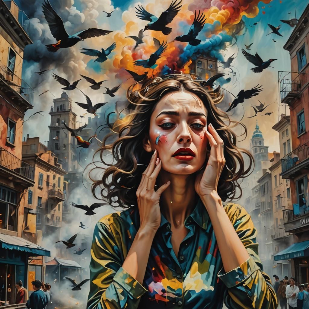 Woman in Cityscape: Surrealist Oil Painting