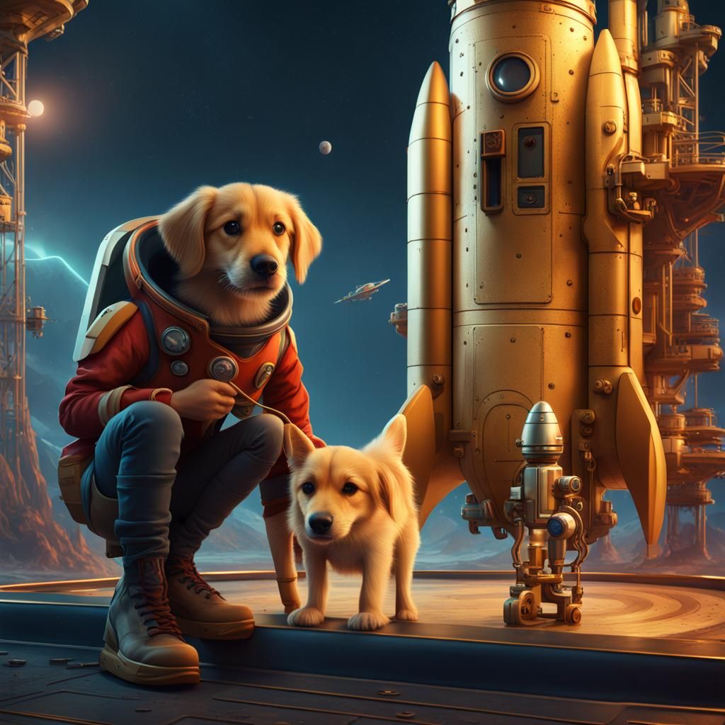 Boy and Dog in Rocket Launch, Fantasy Concept Art