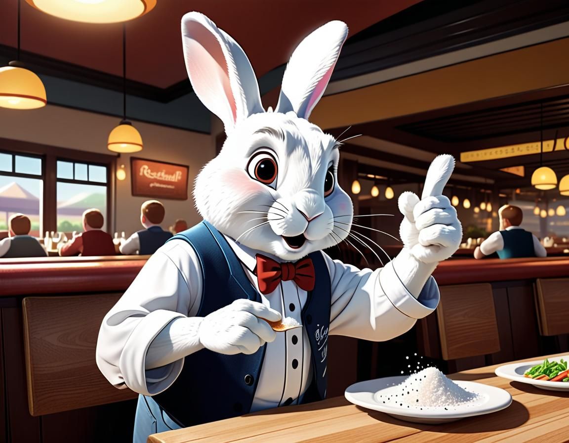 Cartoon Rabbit Superstition in Restaurant