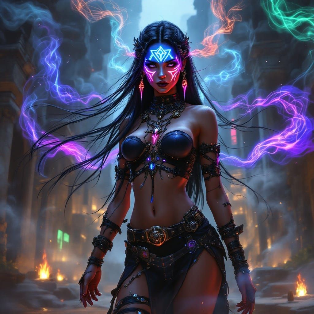 Tribal Gothic Fusion: Female Figure in Dystopian City