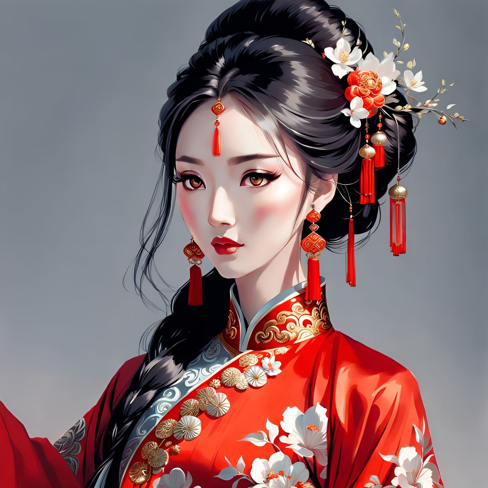 Asian Woman in Red Dress, Guweiz Style Art