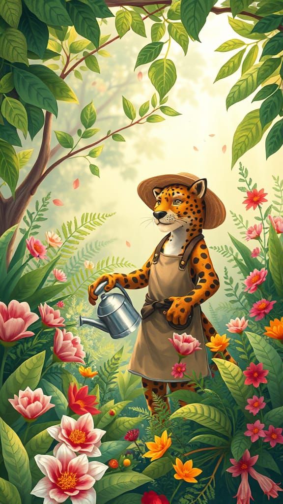 Anthropomorphic Leopard Tending Vibrant Garden in Storybook ...