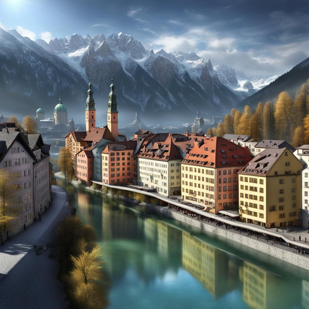 Innsbruck River View, Photorealistic Concept Art