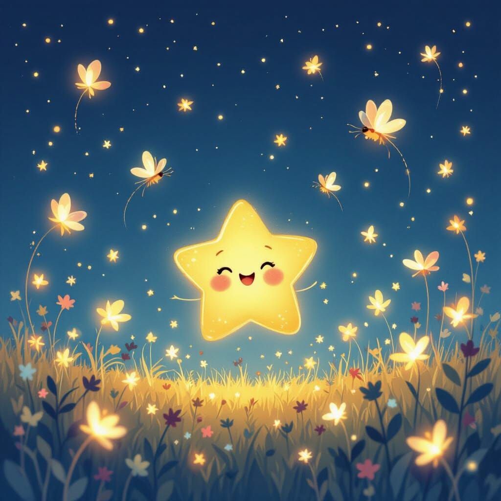 Joyful Star Dances With Fireflies in Whimsical Cartoon Night...