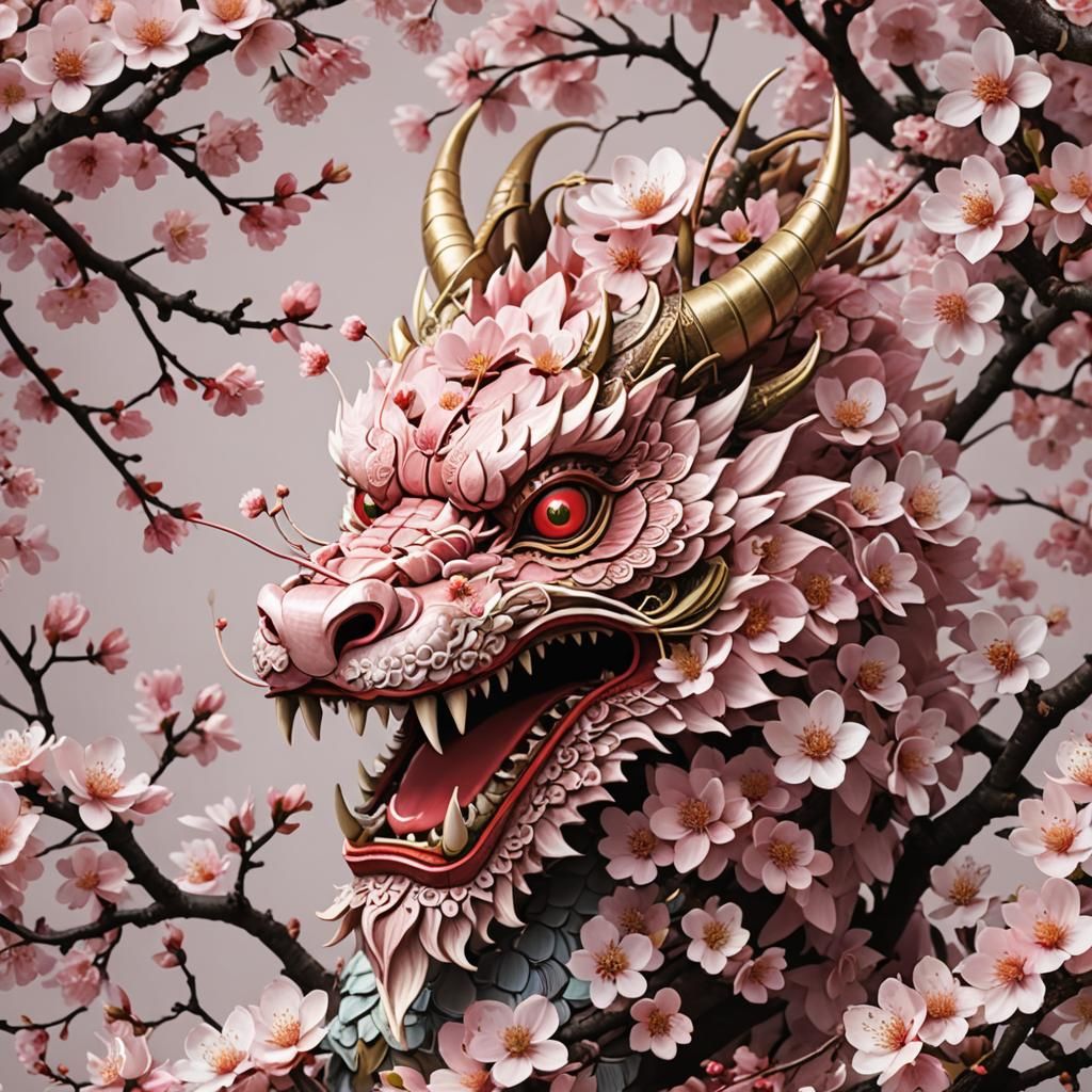 Cherry Blossom Japanese Dragon Head Art
