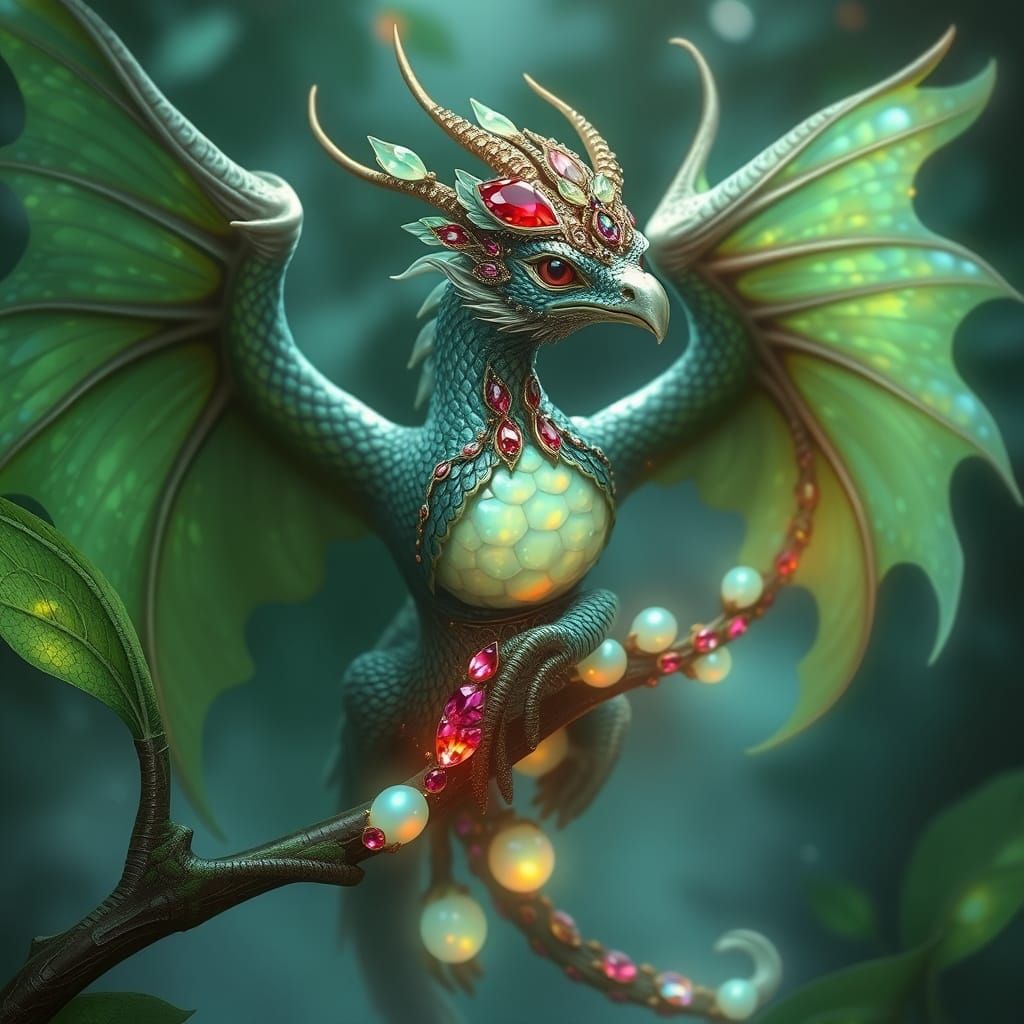 Jewel-Adorned Dragon Creature in Ethereal Landscape