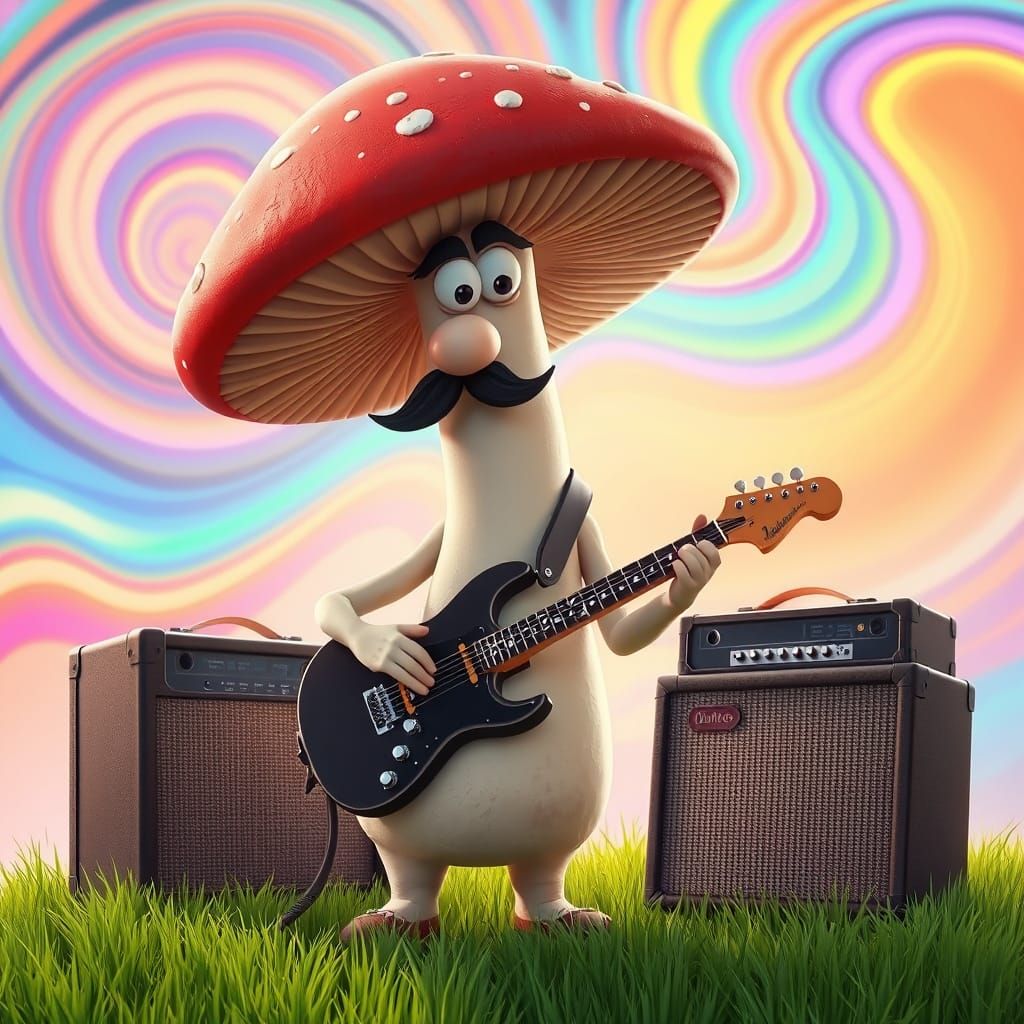Psychedelic Mushroom Guitarist in Cartoon Style