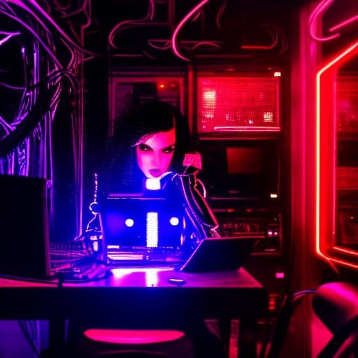 Cyber Goth Model in Neon Noir Coffee Shop