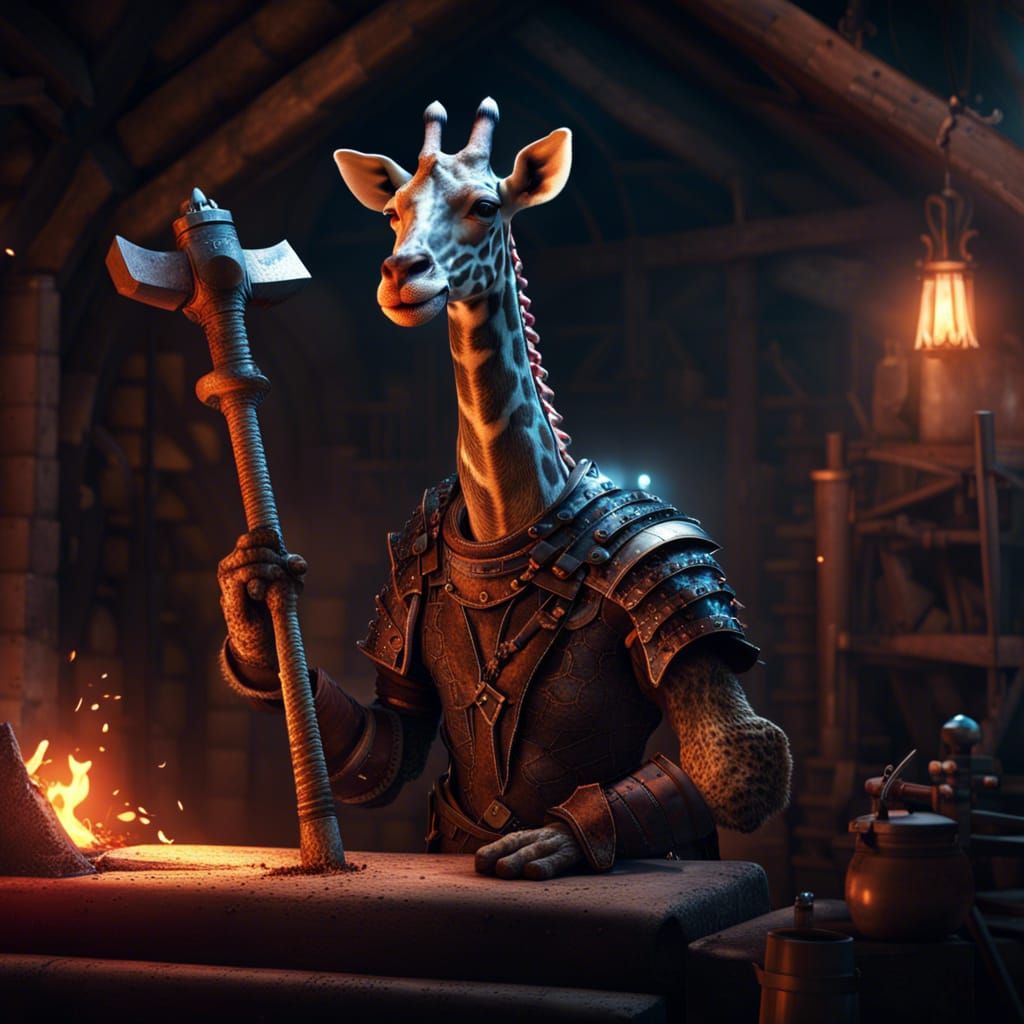 Armored Giraffe Blacksmith in Medieval Forge