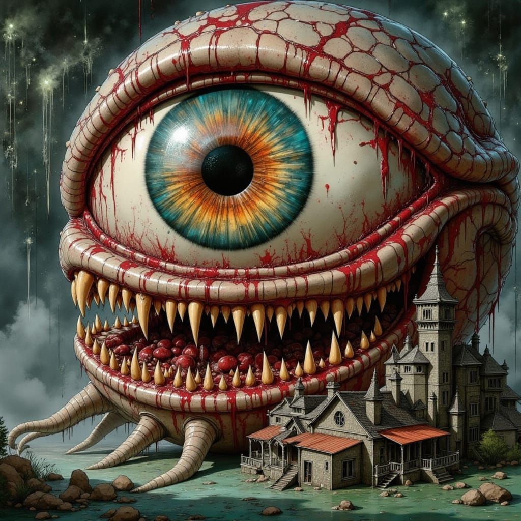Nightmarish Biomechanical Eyeball with Dystopian Landscape