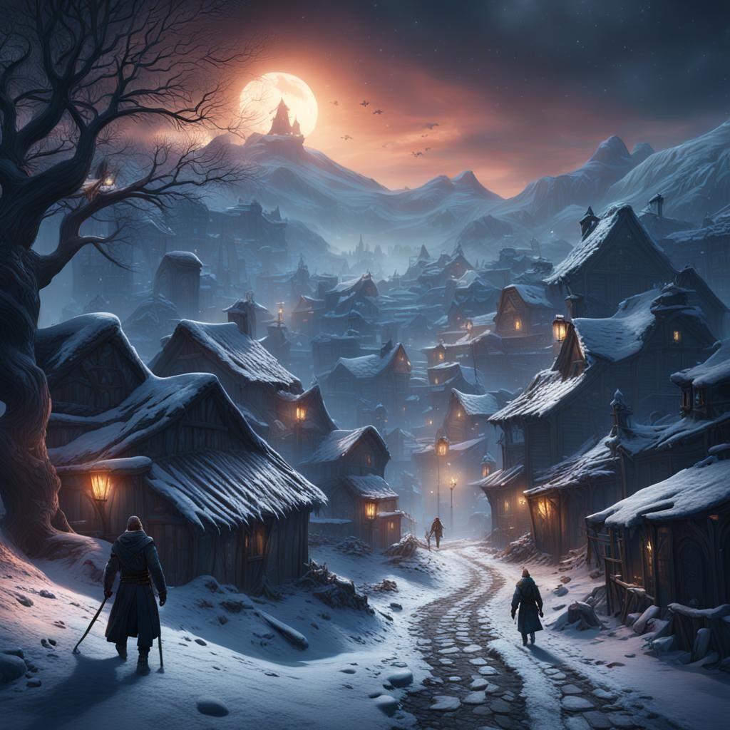 Stranger Arrives in Winter Village: Fantasy Concept Art