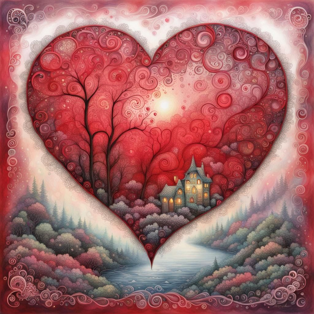 Zentangle Red Heart in Ethereal Fantasy Style